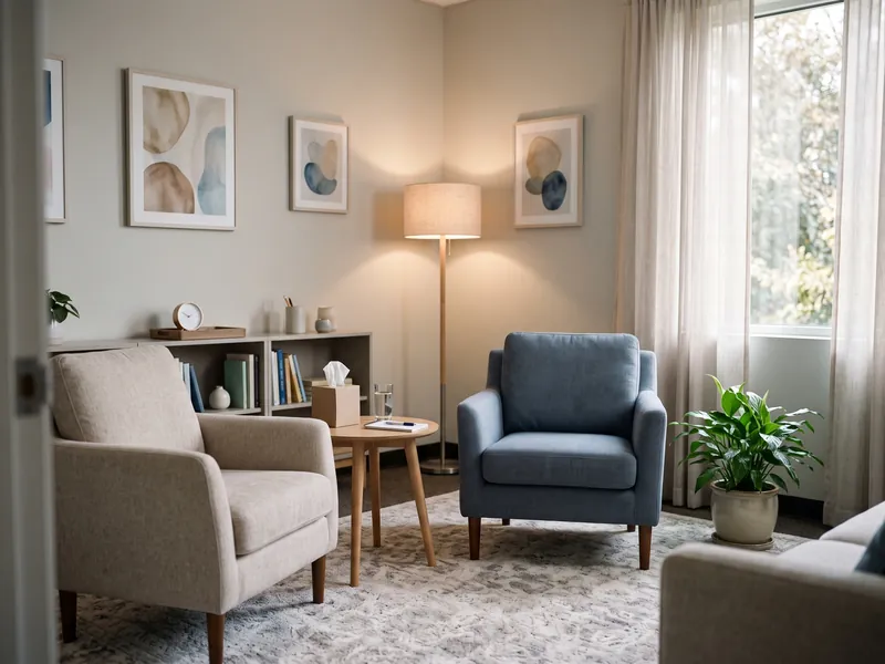 Private therapy room with two comfortable chairs for in-person counseling.