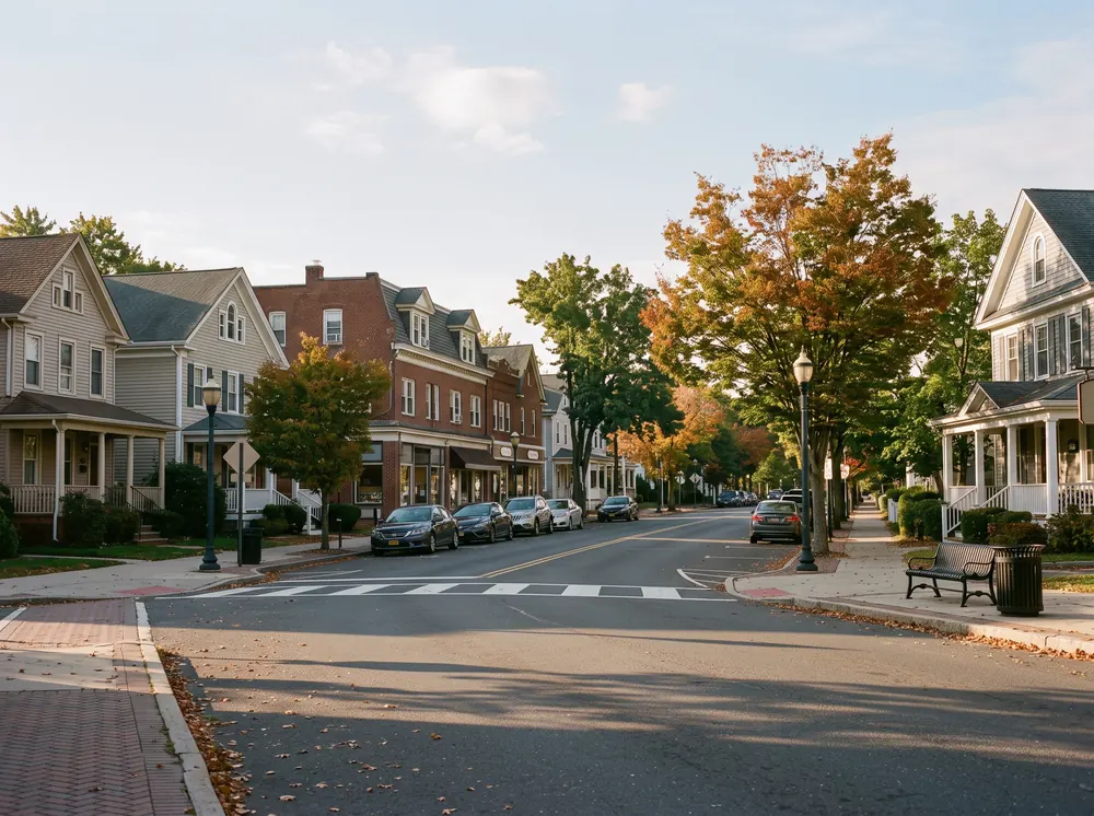 Quiet tree-lined suburban street in New Jersey in early autumn.