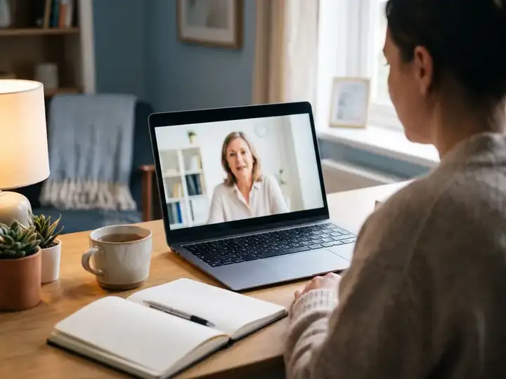 Adult attending an online therapy session with a licensed therapist from home.
